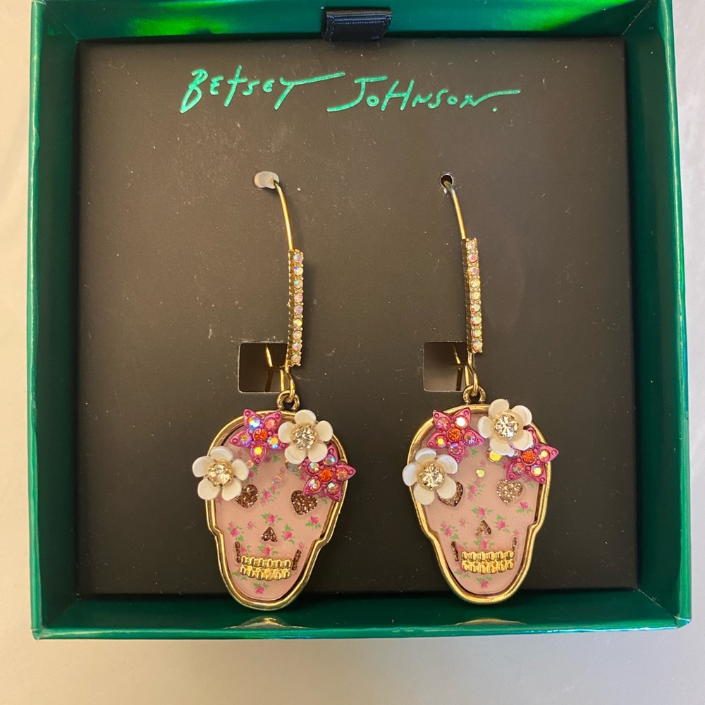 Betsey Johnson Pink and Gold Floral Skull Earrings
